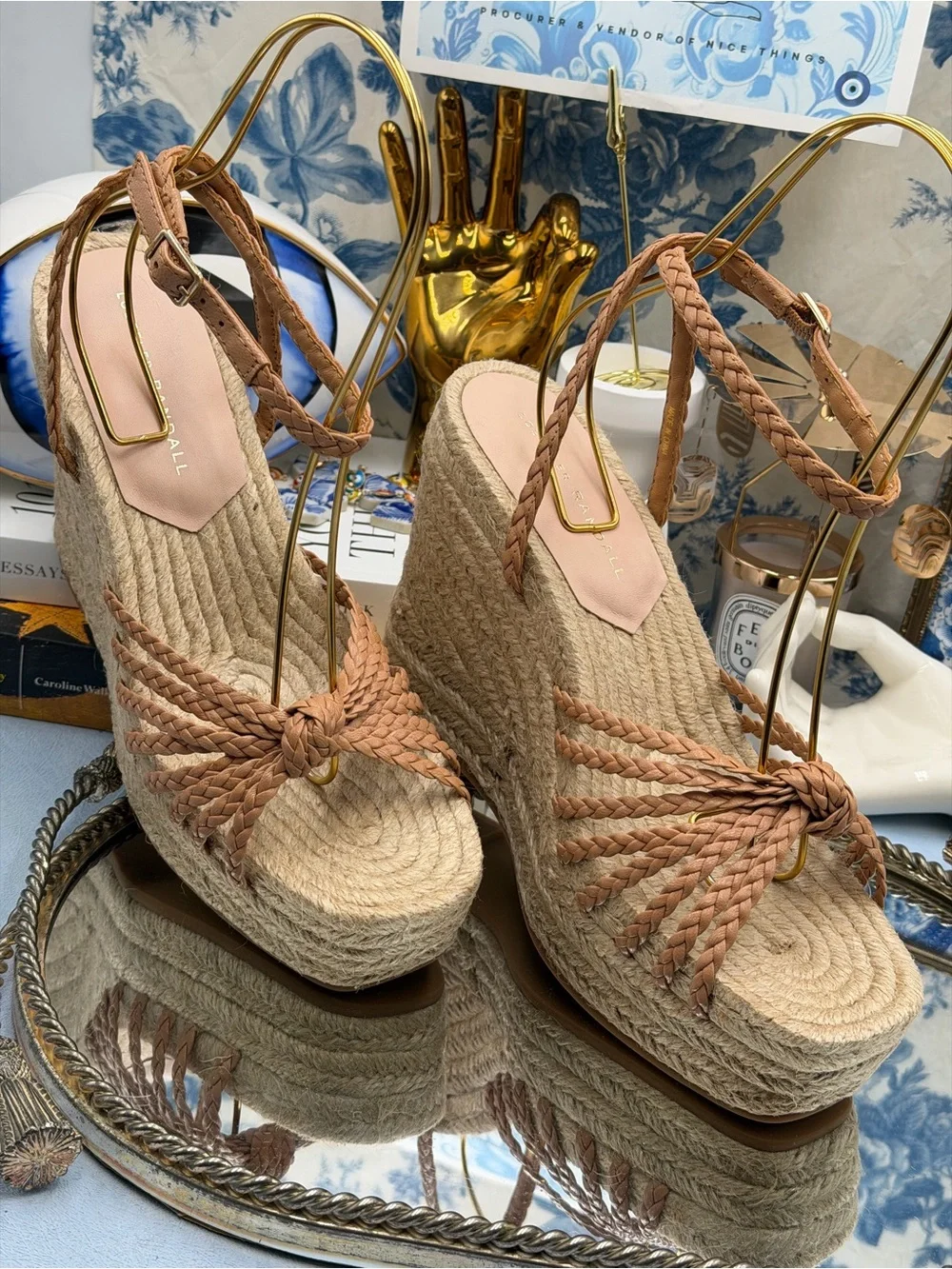 🆕 LOEFFLER RANDALL 🧿 NWOB Pamela Mignon Knot Braid Leather Wedge, Dune - Sz 9